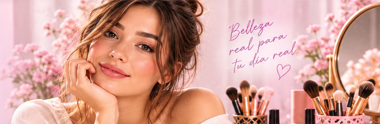 Fotografía editorial de maquillaje natural junto a brochas y cosméticos, diferente de la portada